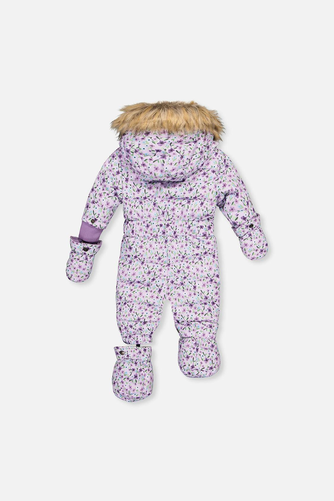 Baby Original One Piece Puffy Snowsuit With Removable Mittens And Boots Purple Printed Mini Flowers