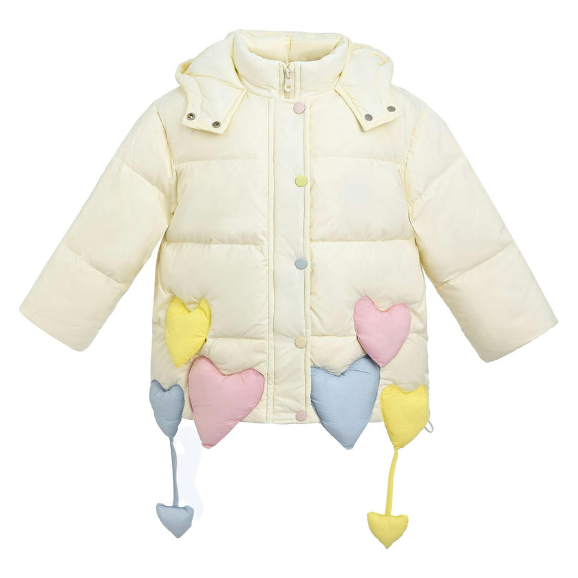 Cream Heart Charm Puffer Jacket