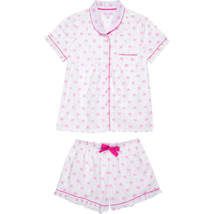 Women's Pink Palm Tree Short PJ Set - Organic Cotton Poplin