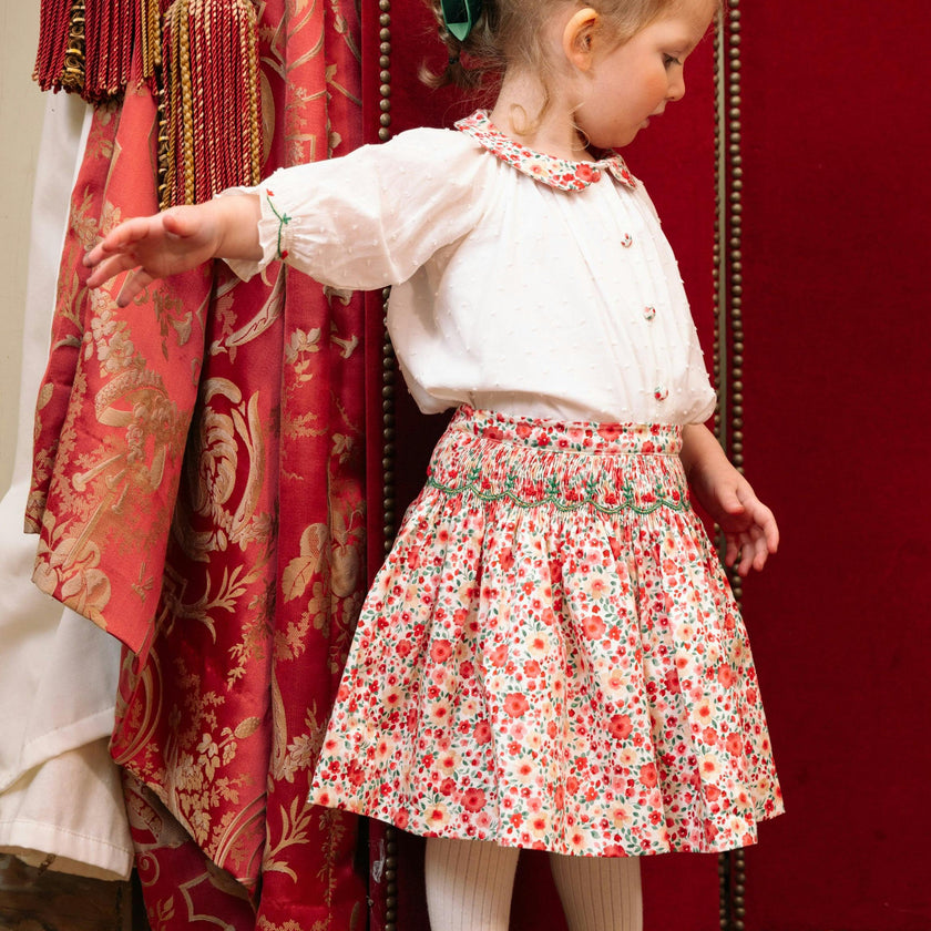 Marie Red Floral Smocked Skirt and Blouse Set