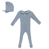 Knitted Ruffle Collar Button Front Romper and Bonnet Two Piece Set