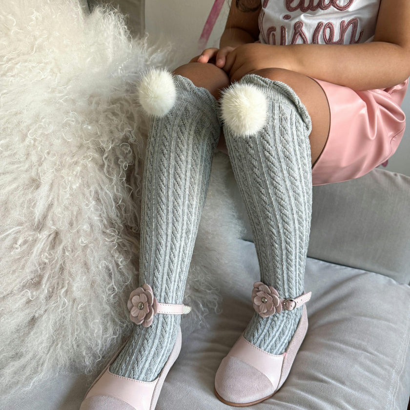 Grey Knee High Socks with Poms