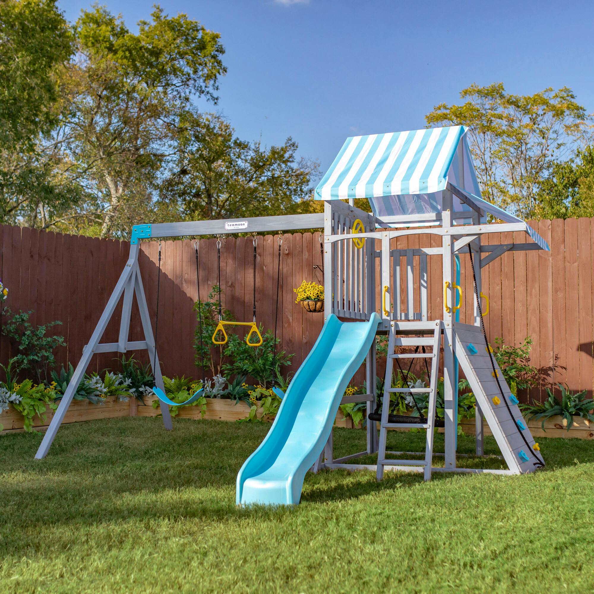 Teamson Kids Laguna Wooden Swing Set With Slide & Rock Wall