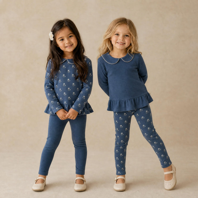 Organic Collar Peplum Top Set of 2 - Indigo Blossom + Navy