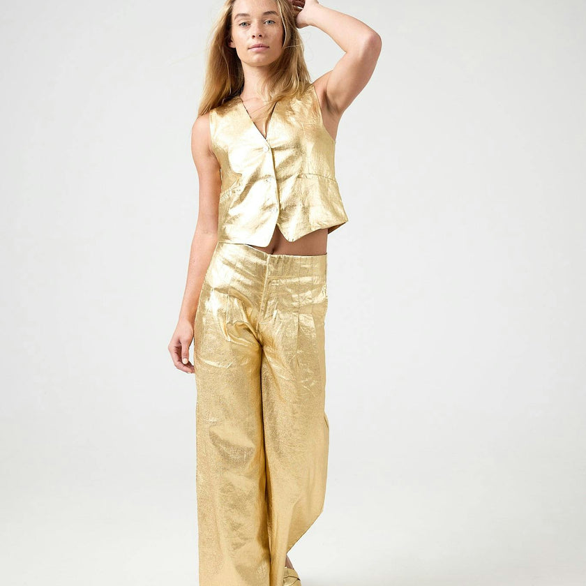Culotte Metallic Linen Pants - Gold
