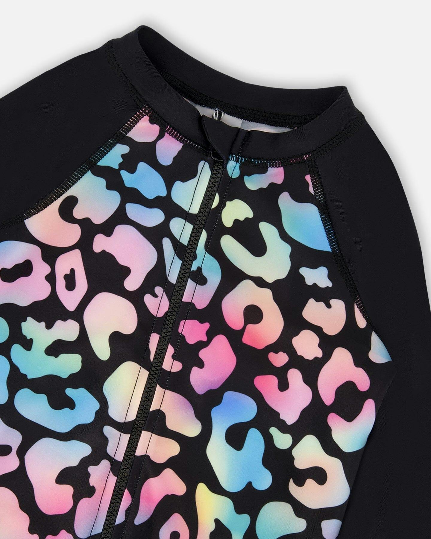 One-Piece Long Sleeve Rashguard Black Leopard Print