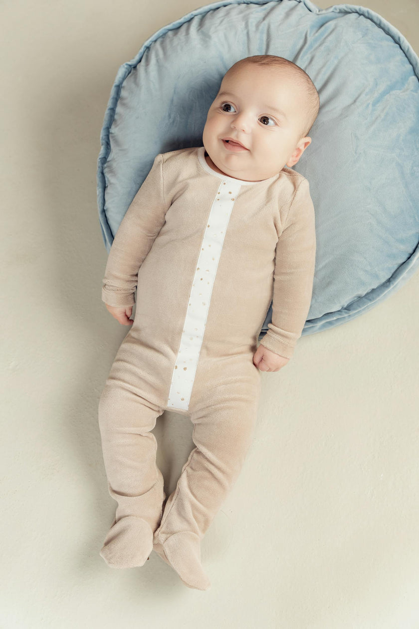 Gold Stars Print Velour Button Front Long Sleeve Romper