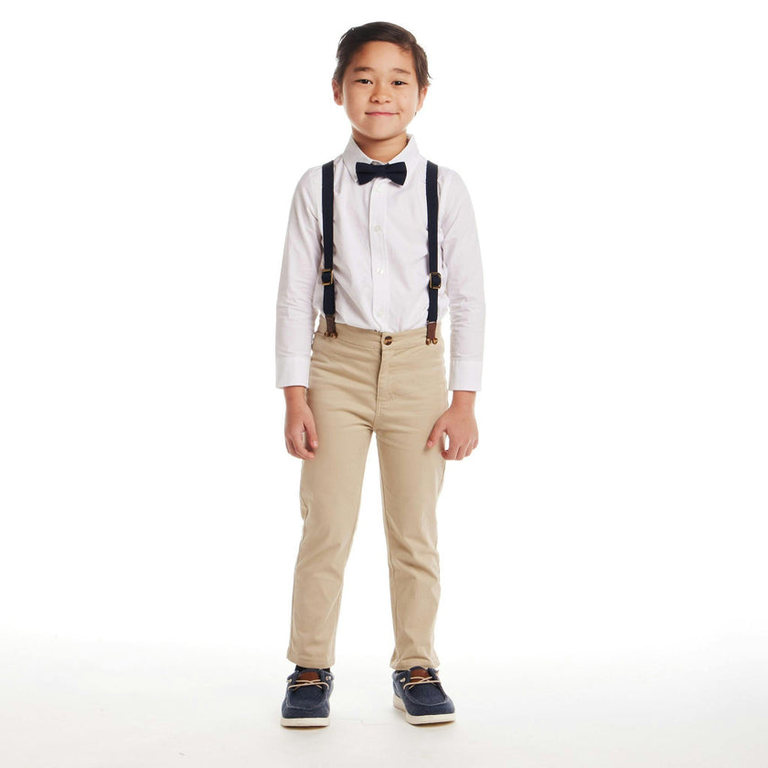 Kids White Buttondown Bowtie and Suspenders Set