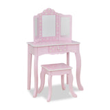 Daisy Gisele Wood Vanity with Tri-Fold Mirror and Drawer, Pink