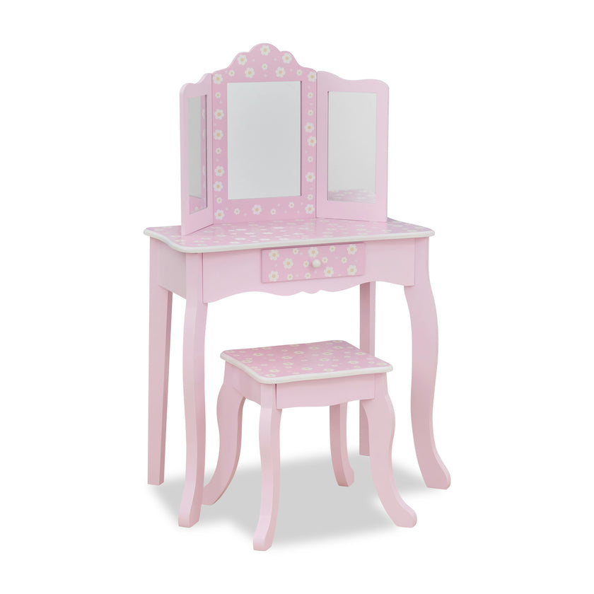 Daisy Gisele Wood Vanity with Tri-Fold Mirror and Drawer, Pink