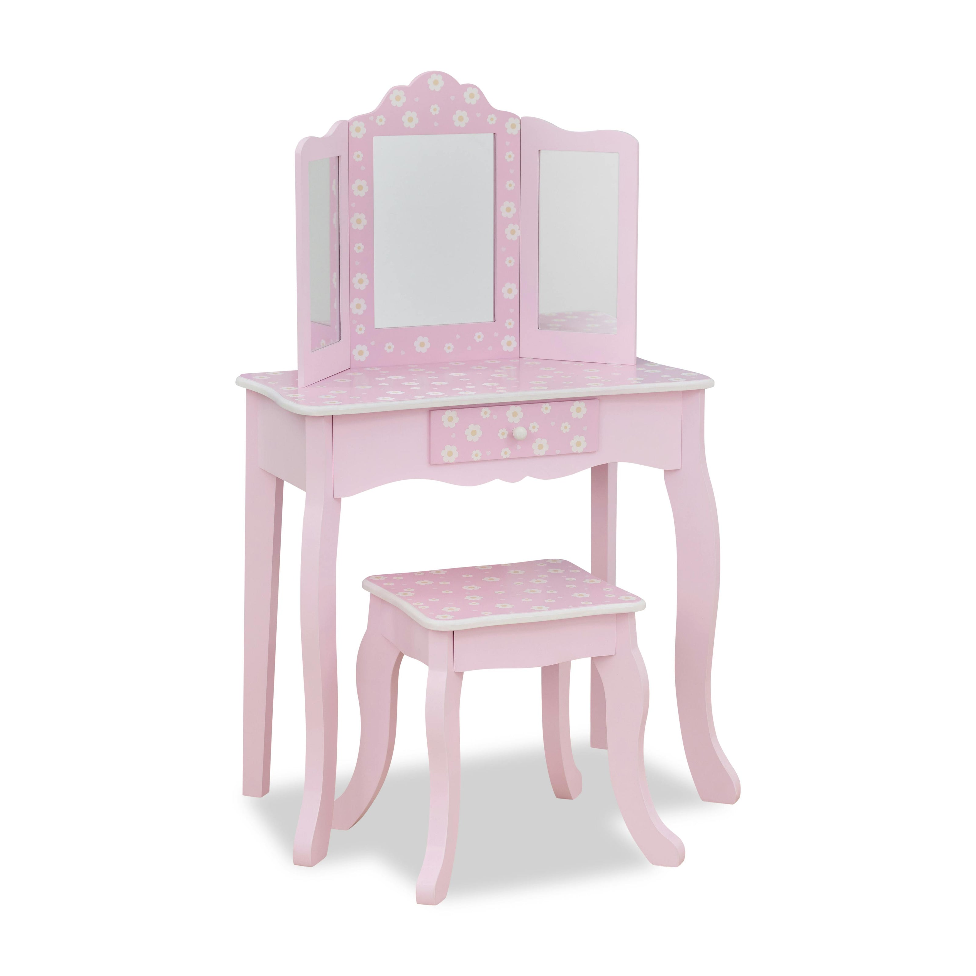 Daisy Gisele Wood Vanity with Tri-Fold Mirror and Drawer, Pink