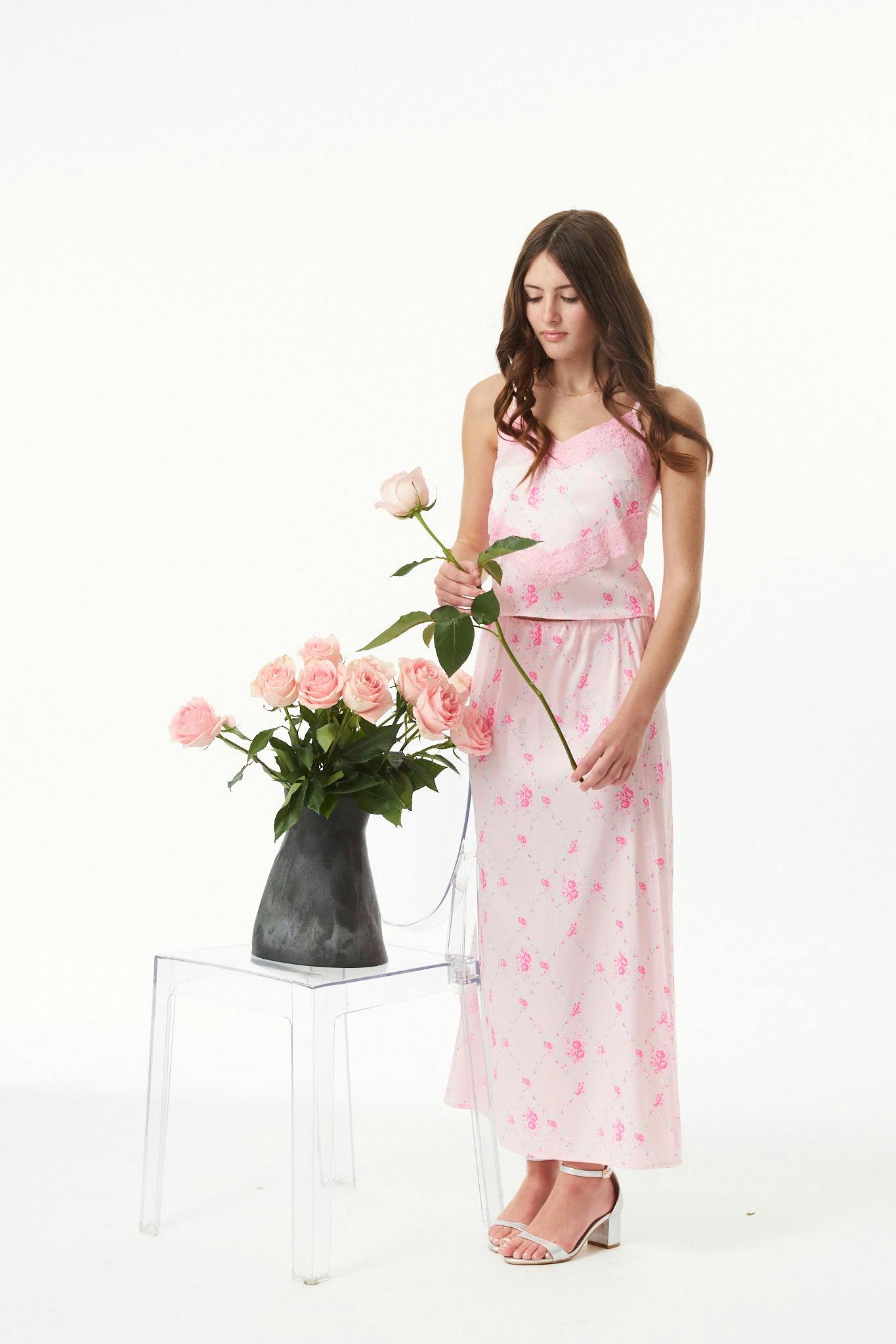Margot Vintage Rose Ballet Pink With Ballet Pink Lace Satin Tank With Lace Trim