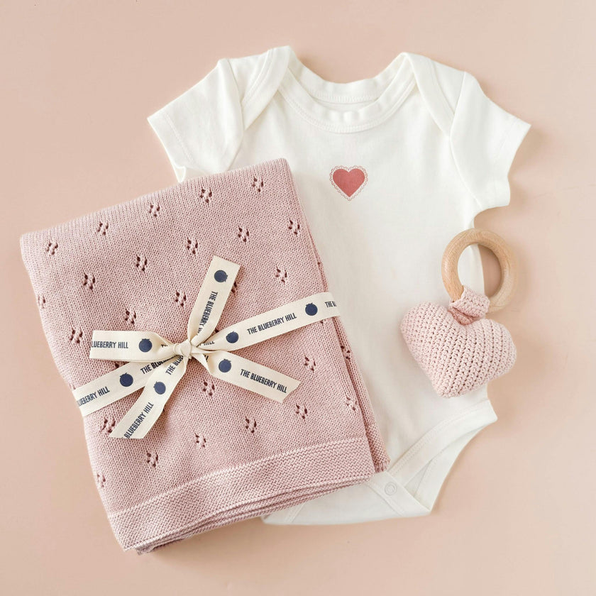 Blush Pique Blanket Pink Flower Rattle Gift Set