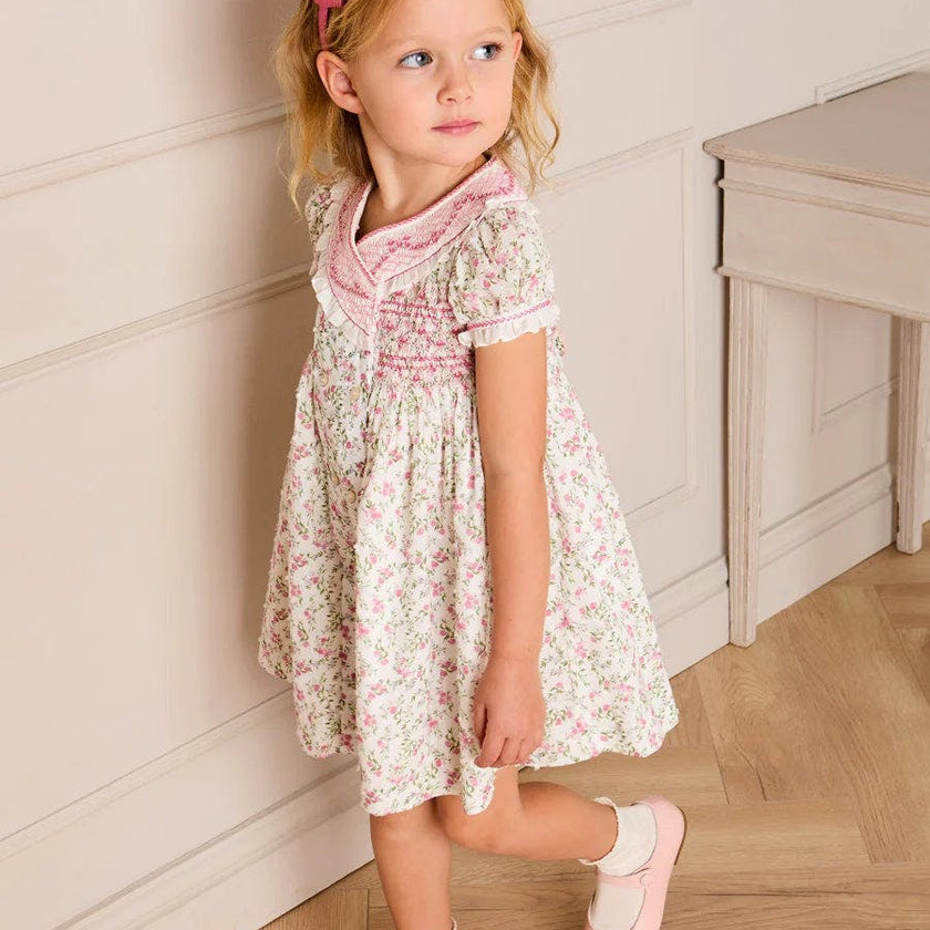 Alice Floral Double Breasted Hand Smocked Dress in Pink (12mths- 10yrs)