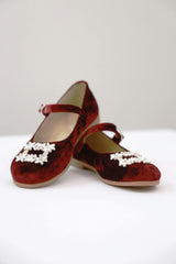 Bordo Velvet Crystal Buckle Shoes