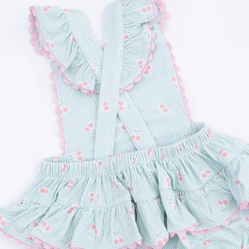 Tiny Cherry Stripe - Ric Rac Ruffle Sunsuit