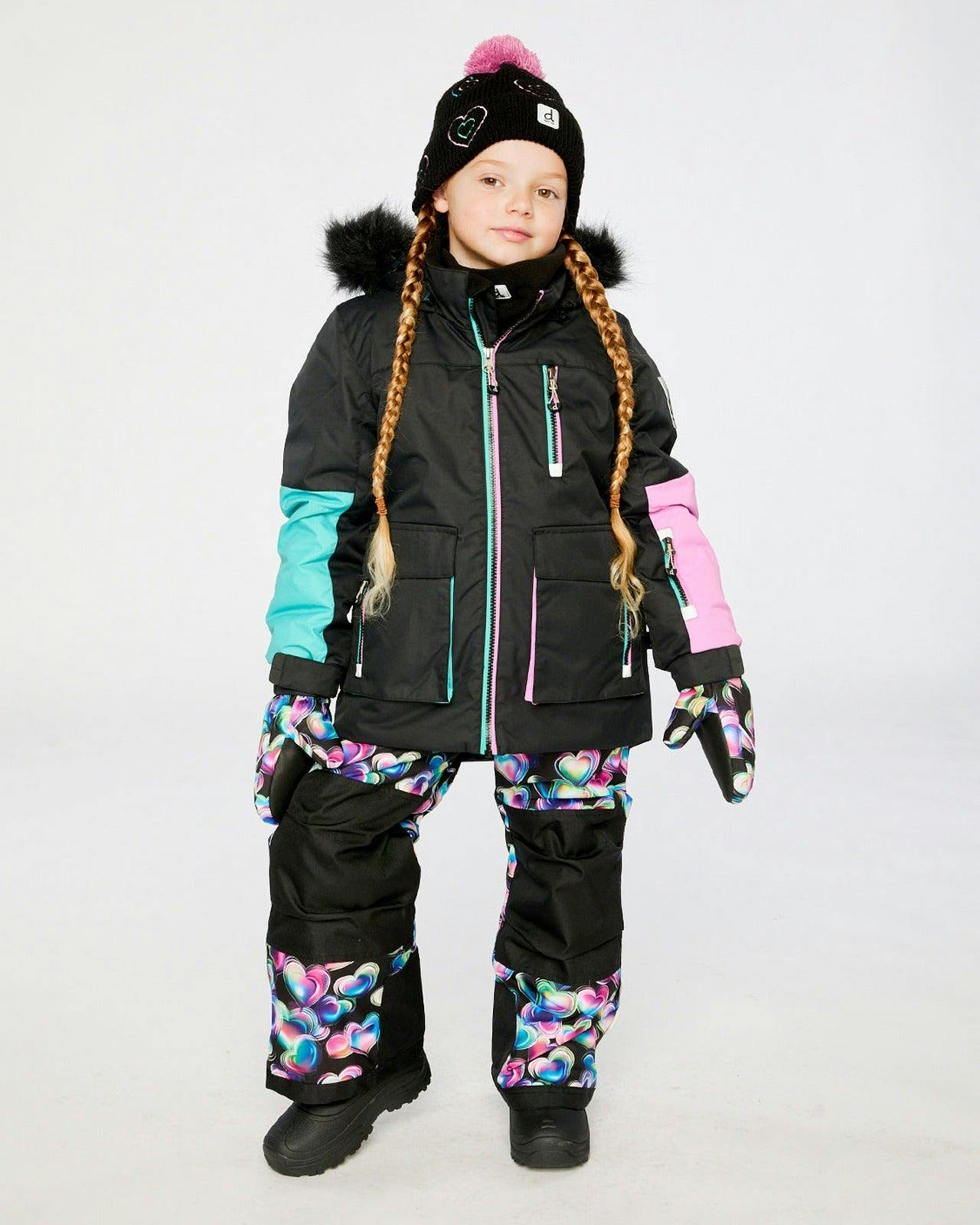 Two Piece Play Snowsuit Black, Blue And Pink Colorblock With Heart Print Pants