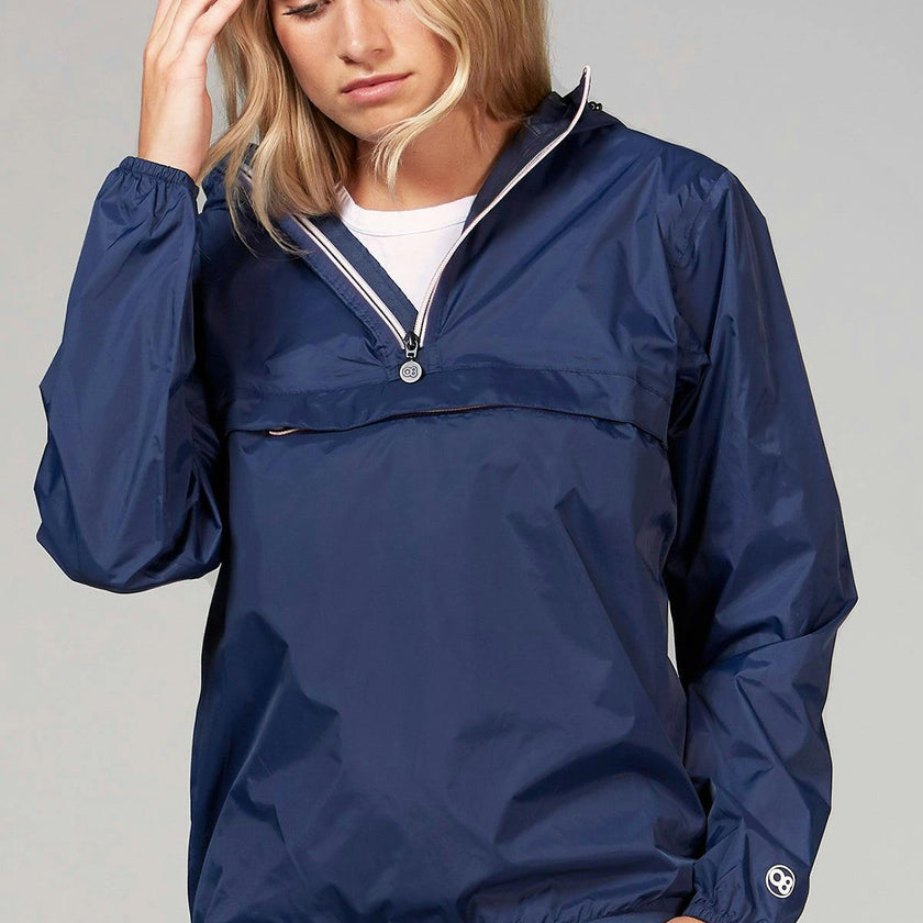 Navy women's quarter zip packable rain jacket and windbreaker