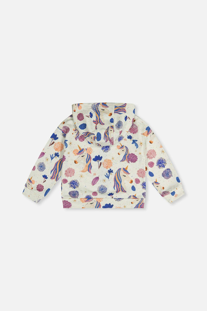 Hooded Zipped French Terry Cardigan Beige Unicorn Print