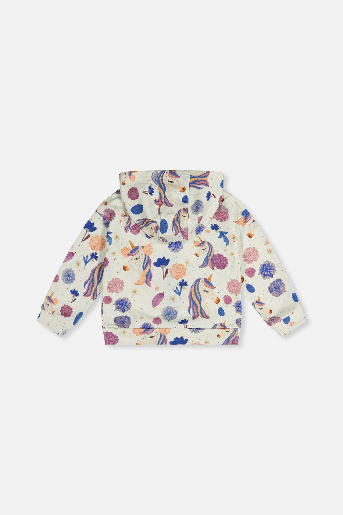 Hooded Zipped French Terry Cardigan Beige Unicorn Print