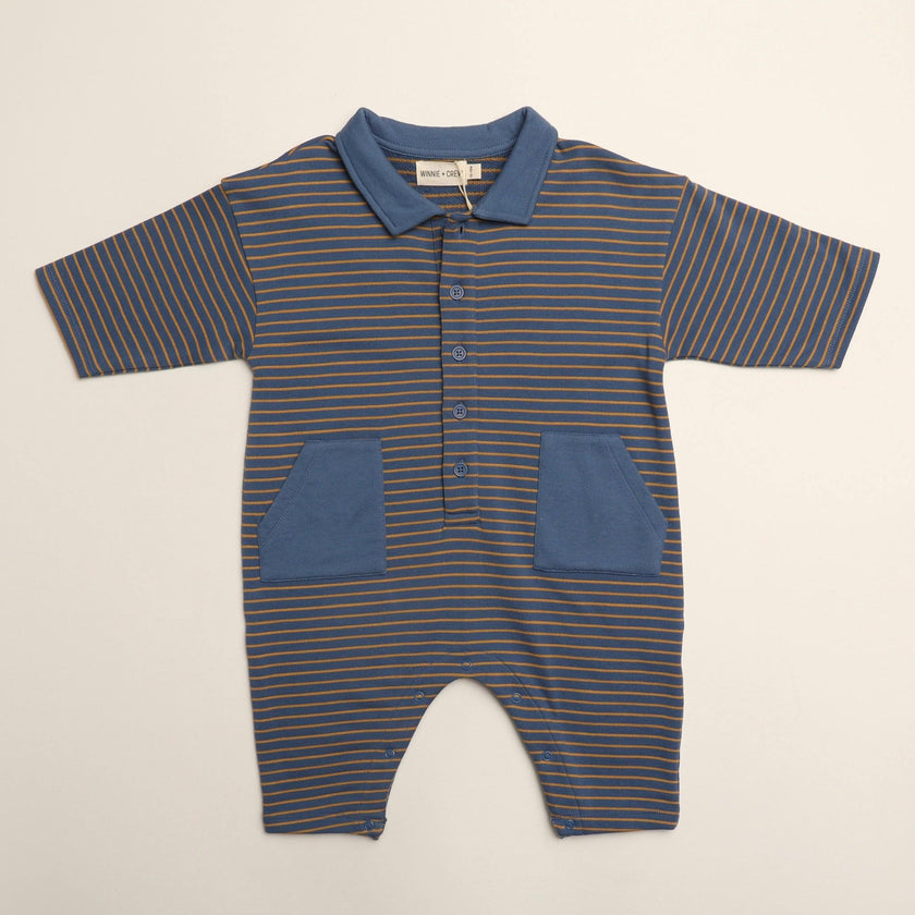 Scottie Romper in Thin Stone Blue Mustard Stripe