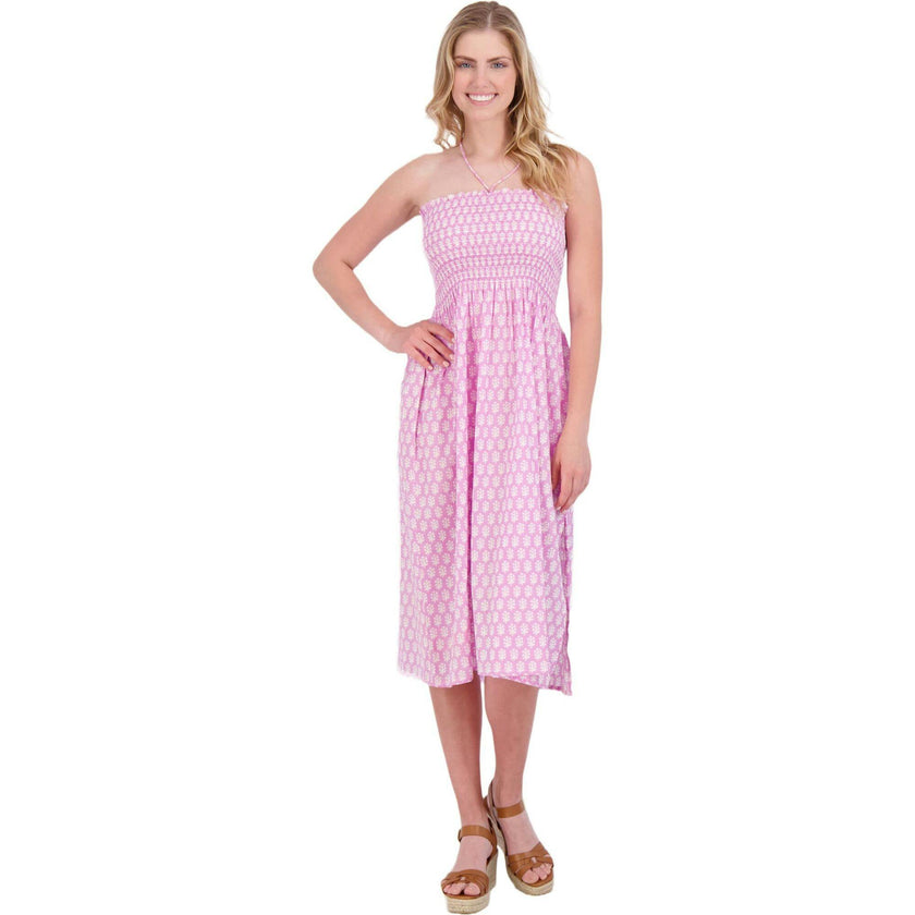 Women's Oceane Ikat Smocked Tie Strapless Print Beach Dress, Pink