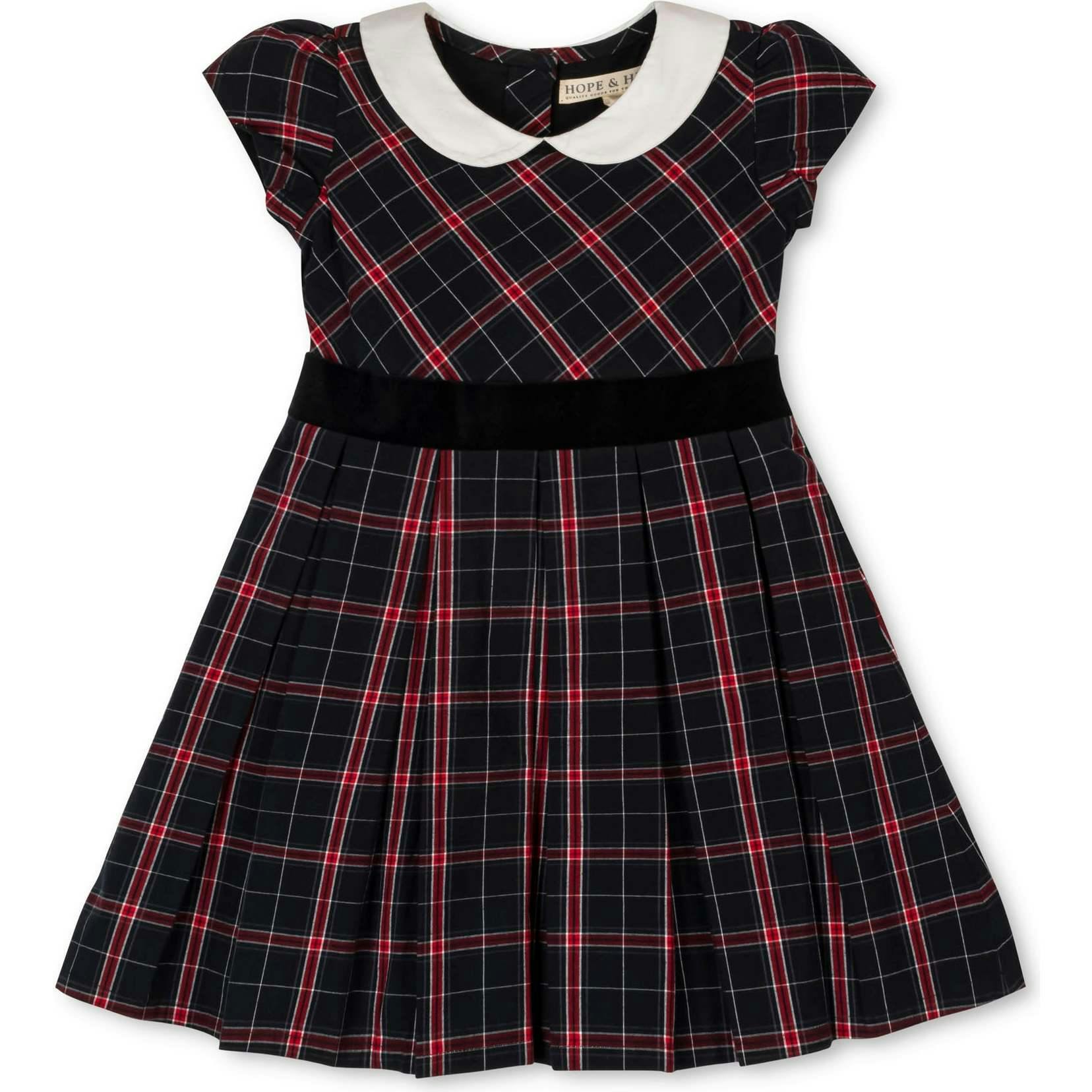 Organic Stretch Poplin Peter Pan Collar Dress with Velveteen, Black