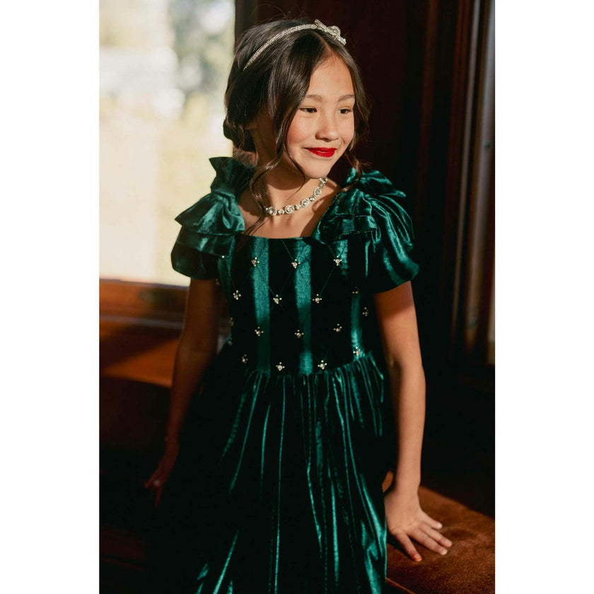 Mini Tiara Dress in Green Velvet