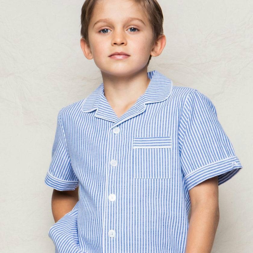 Kid's Twill Pajama Short Set in French Blue Stripes