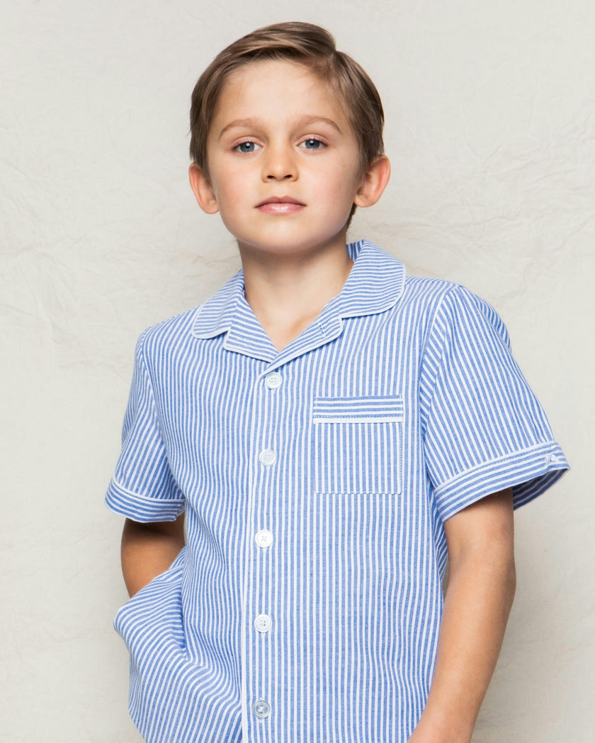 Kid's Twill Pajama Short Set in French Blue Stripes