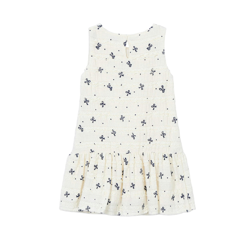 White Bow-Pattern Drop-Waist Dress