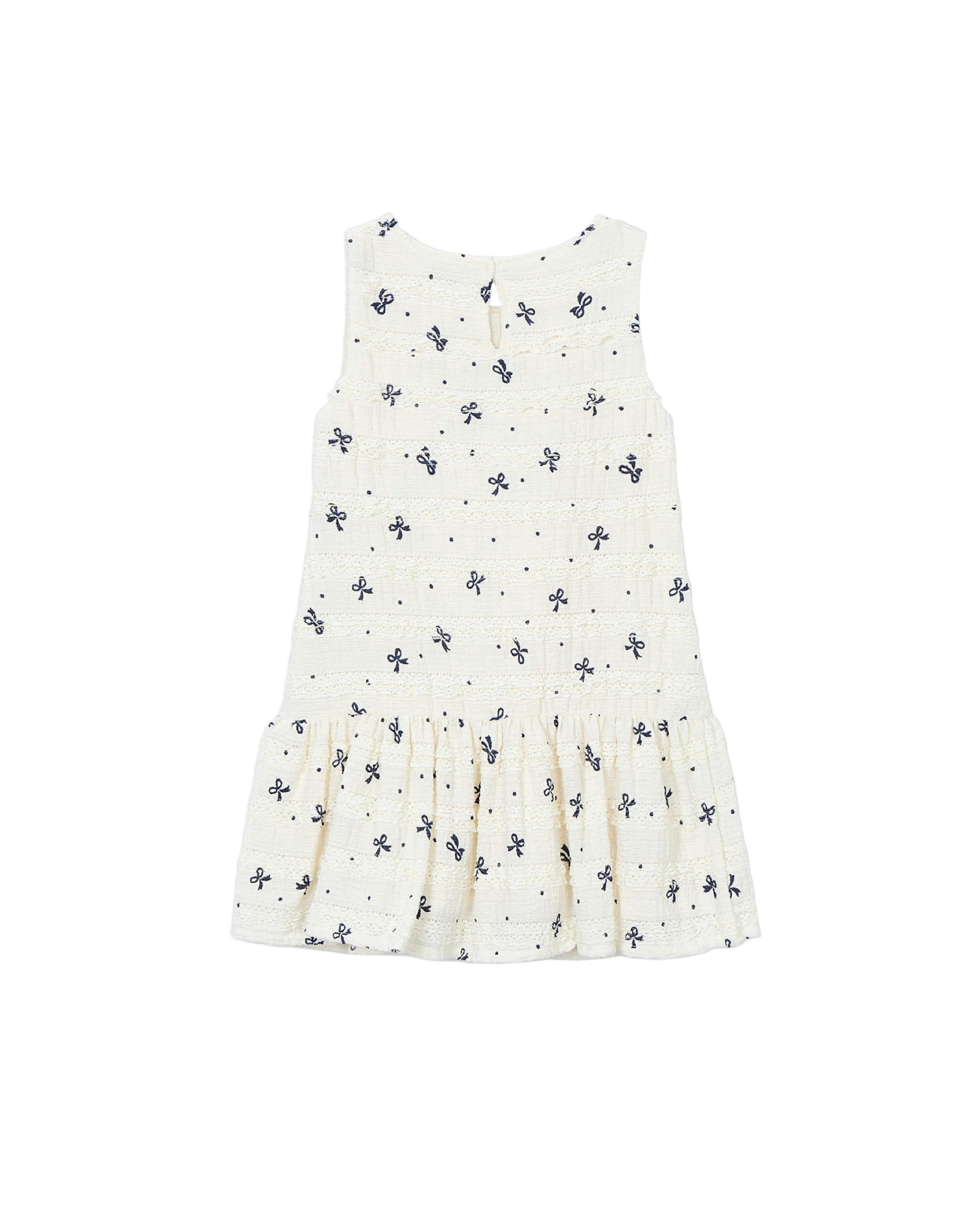 White Bow-Pattern Drop-Waist Dress