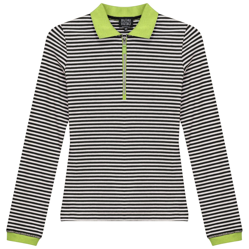 Stripped Ribbed Zipper Henley Tee