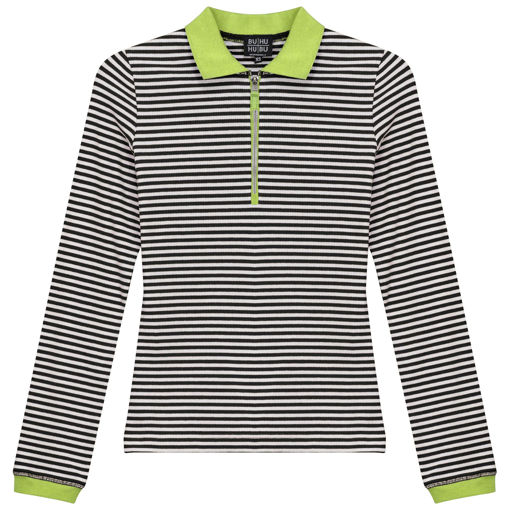 Stripped Ribbed Zipper Henley Tee