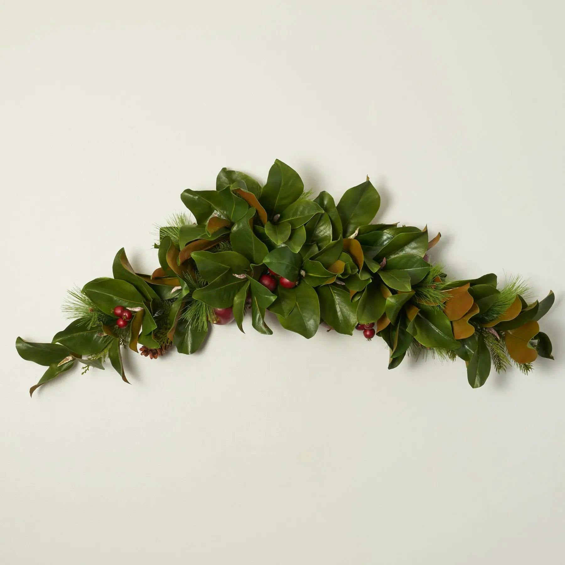 Real Touch Magnolia Leaf, Scotch Pine, & Faux Red Apple Classic Holiday Doorway Arched Swag