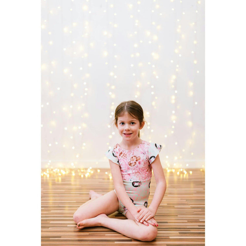 Two Tone Flutter Sleeve Leotard Western and Kitty Bows, Pink