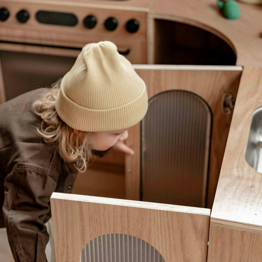 Oak Fluted Play Kitchen Set: Fridge + Sink + Oven