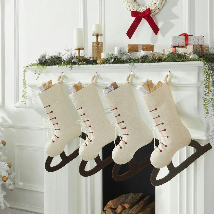 Ice Skate Hand Felted Wool Cream Christmas Stocking Skate