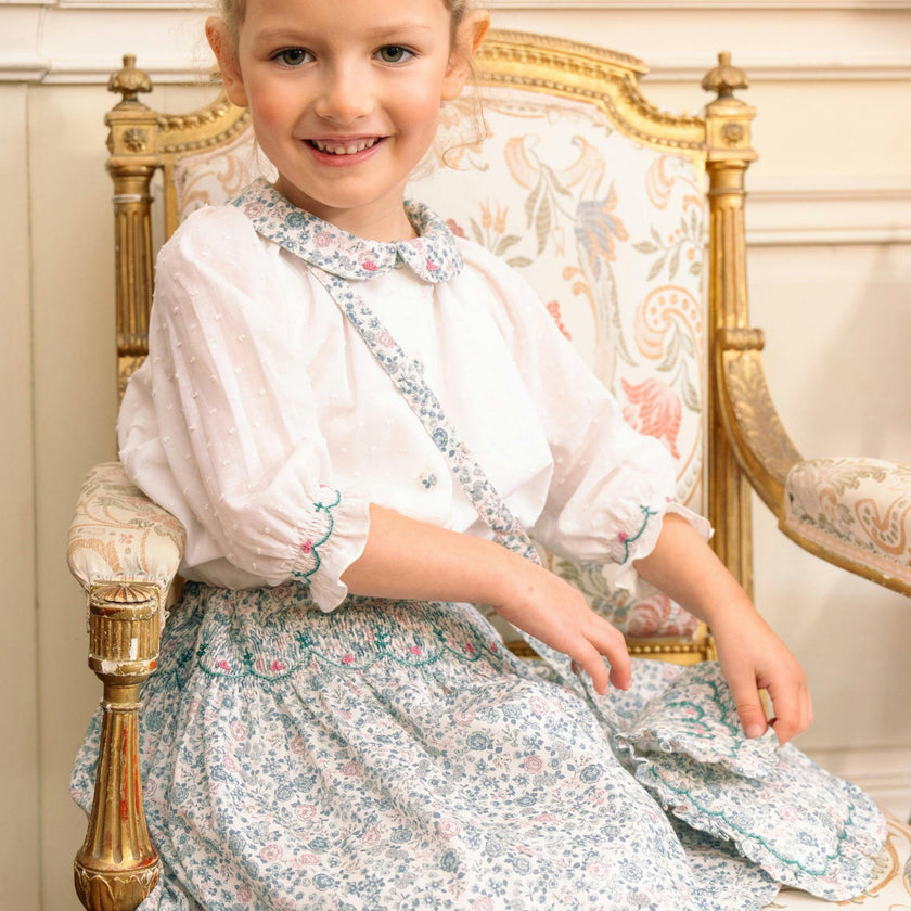 Marie Blue Floral Smocked Skirt Blouse Set