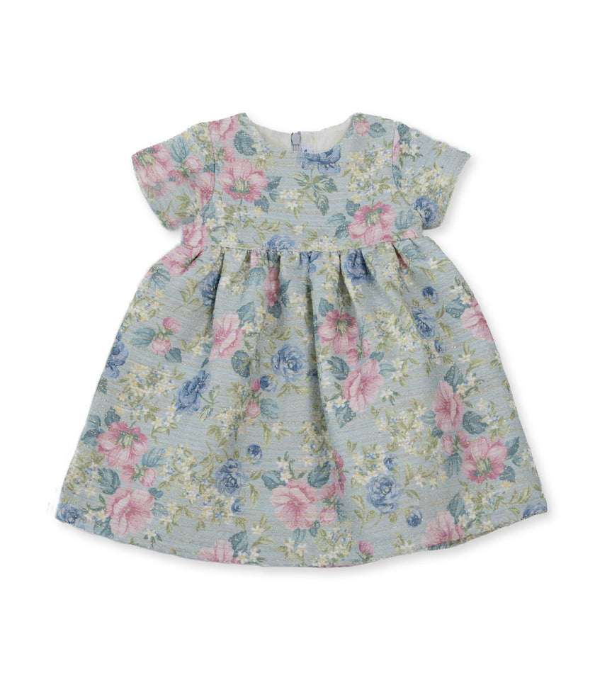 Cecille Baby Dress, French Jacquard - Green Pink Flower