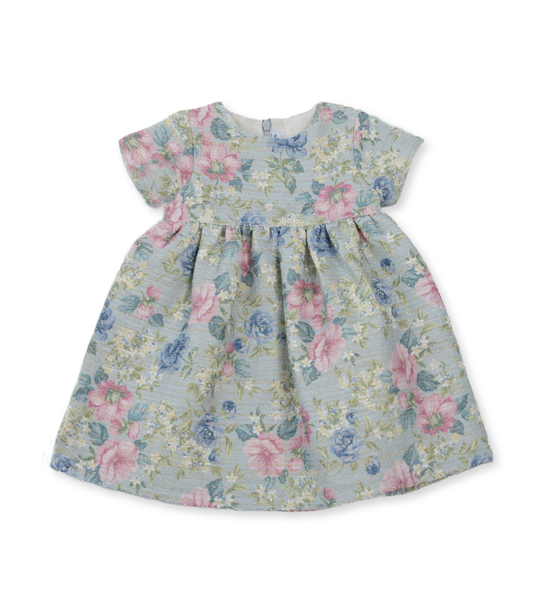 Cecille Baby Dress, French Jacquard - Green Pink Flower