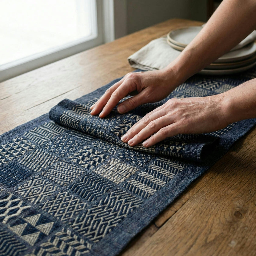 Artisan Hand Loomed Cotton Table Runner - Indigo Blocks - 18"x96"