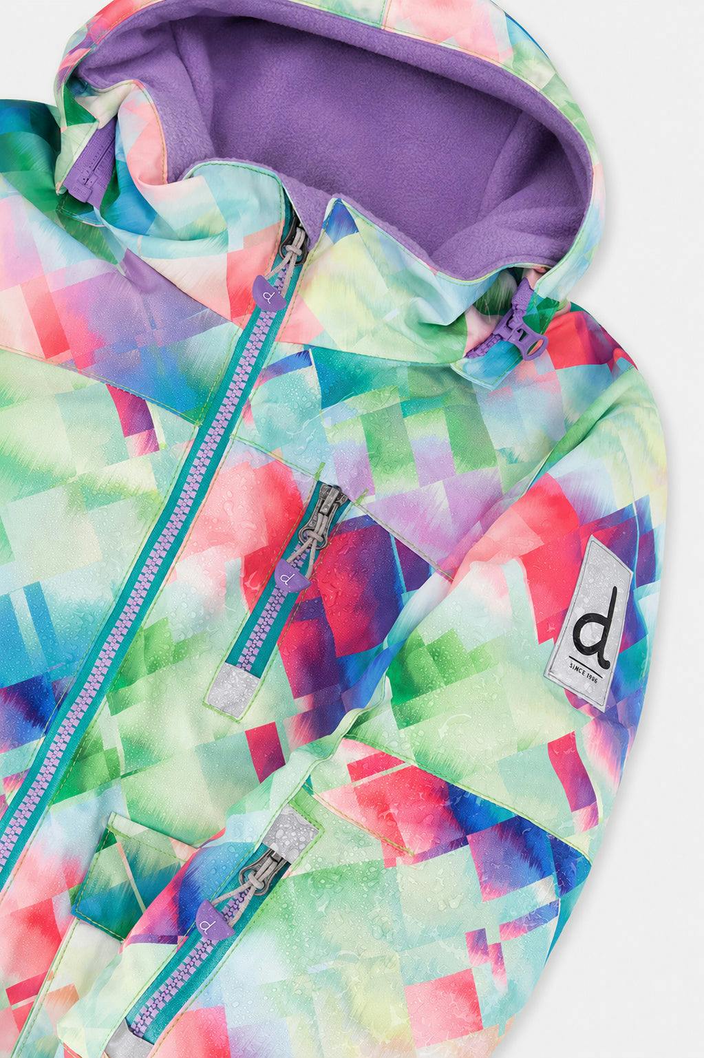 Two Piece Play Snowsuit Multicolored With A Diamond Pattern With Turquoise And Purple Pants