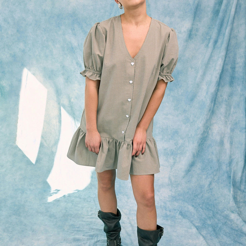women's vichy frilled dress - foggy brown