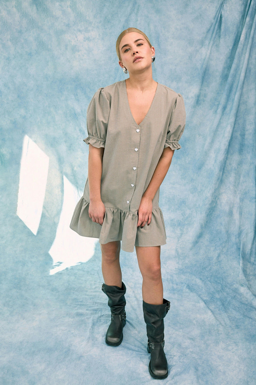 women's vichy frilled dress - foggy brown
