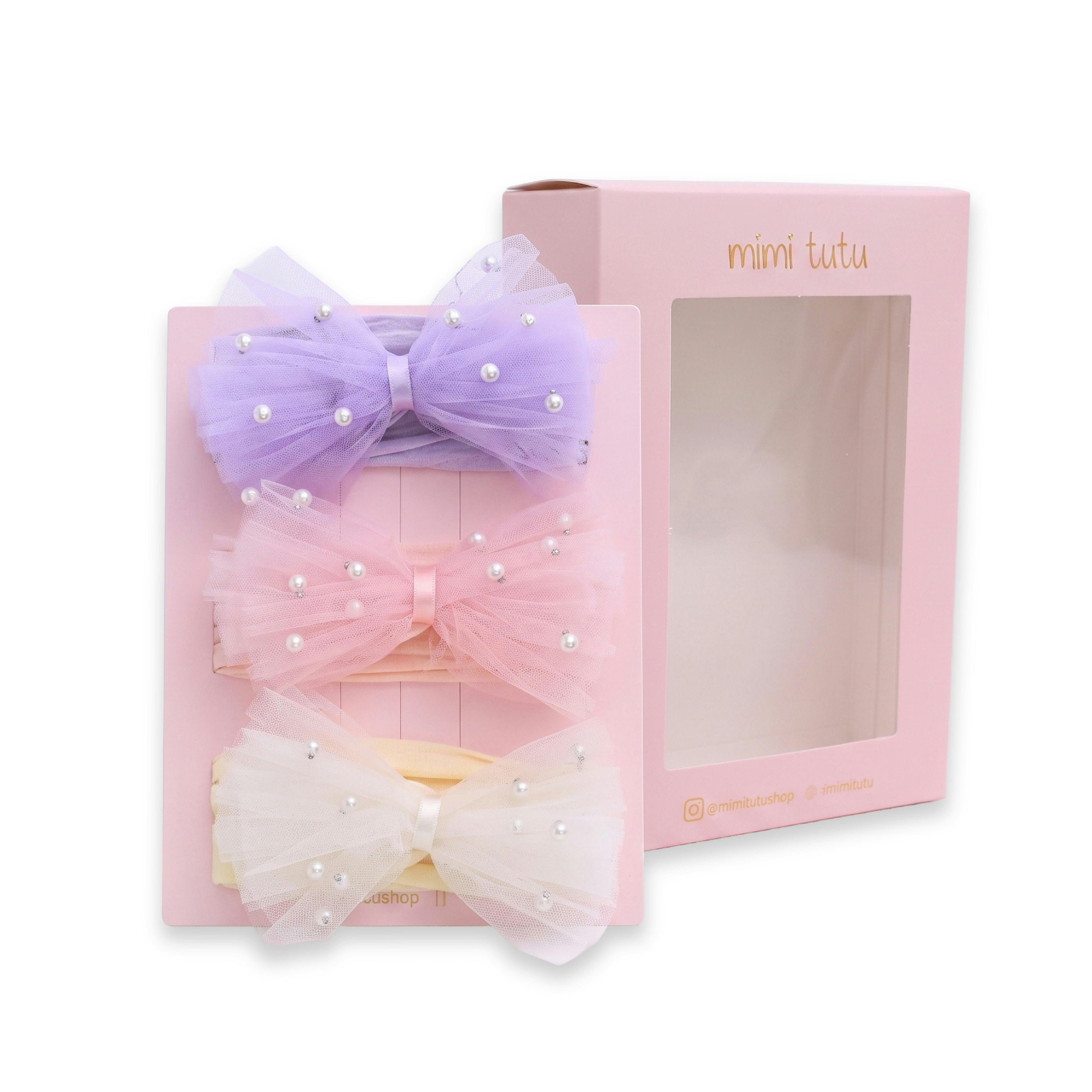 Multicolor Elastic Tulle Pearl Bow Headband Set