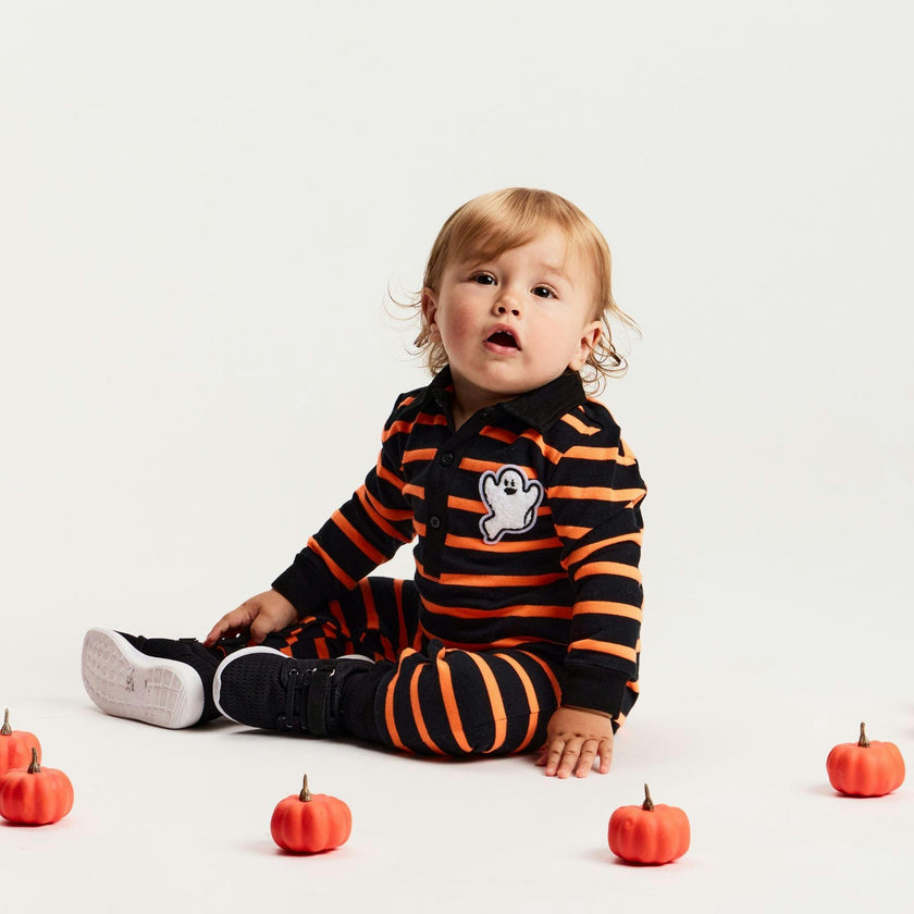 Infant Rugby Stripe Halloween Romper W/Ghost Patch