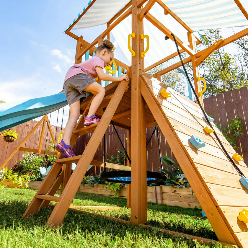 Teamson Kids Laguna Wooden Swing Set with Slide & Rock Wall