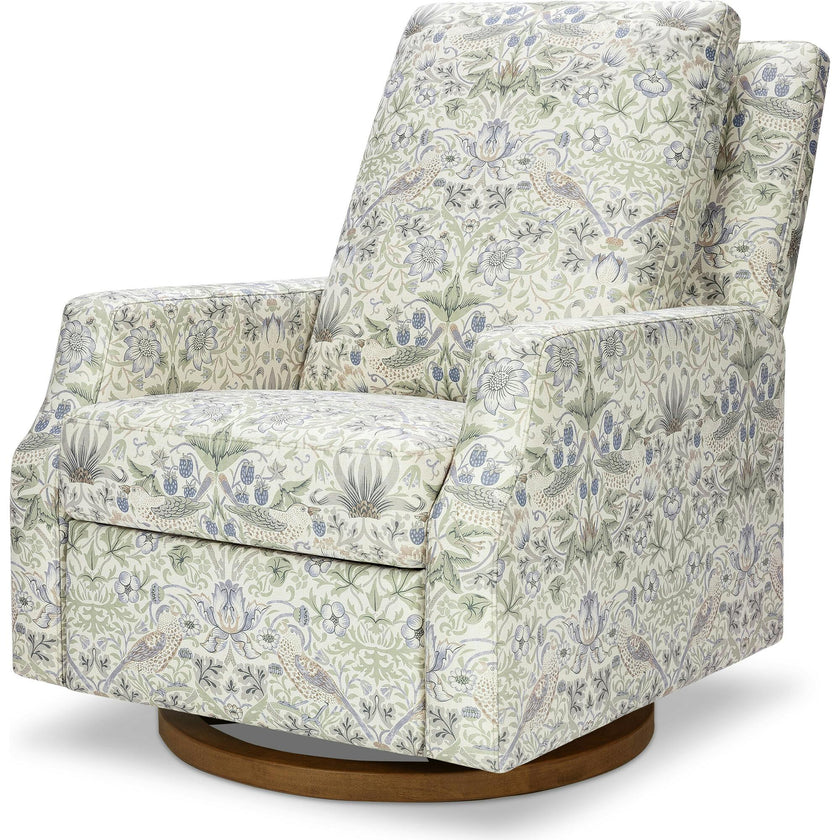 Morris & Co. x Namesake Crewe Recliner and Swivel Glider in Strawberry Thief in Fig & Thyme Performance Eco-Weave with Dark Wood Base