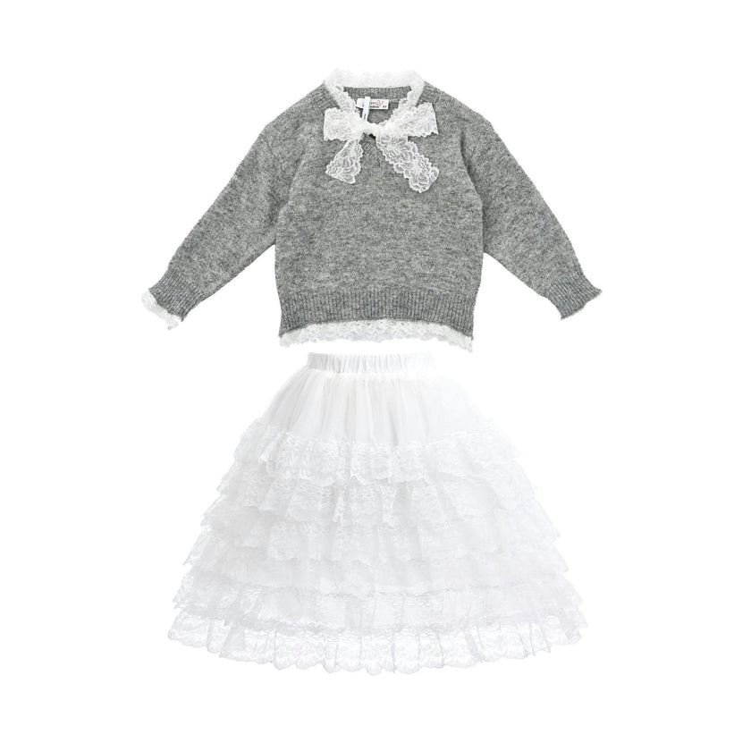 Gray Lace-Bow Top with Tiered Skirt
